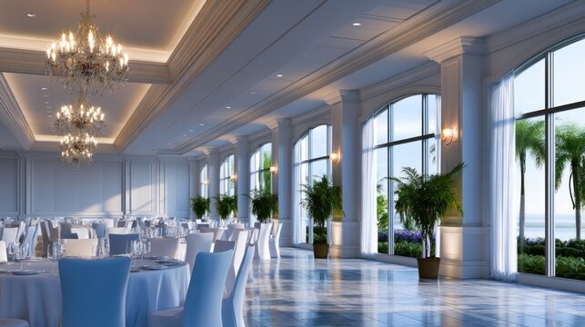 Elegant banquet hall with large windows, lush plants, and chandeliers, ready for an event.