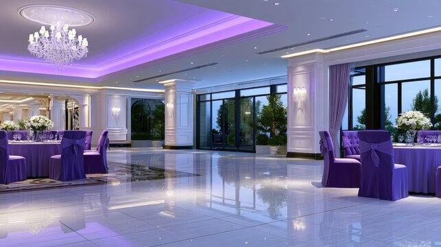 Elegant event hall with purple-lit ceiling, decorative tables, and a chandelier