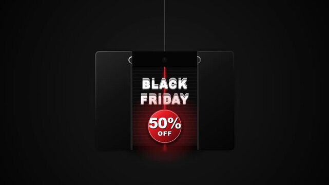 Premium 3D-faked commercial motion asset featuring a sleek matte black price tag that mechanically splits open to reveal a glowing Black Friday sale engine. Features extruded ceramic typography, red c