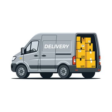 Gray delivery van with yellow cardboard boxes for cargo shipping