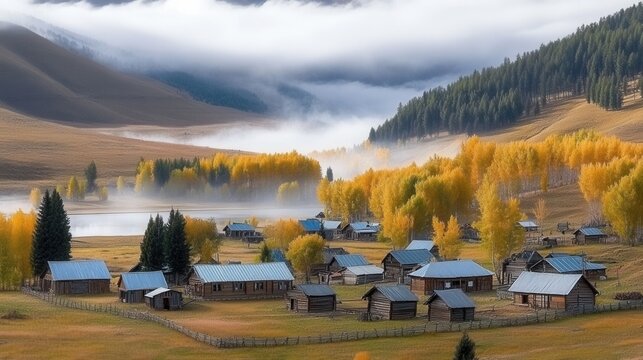 Autumn village nestled in a misty mountain landscape