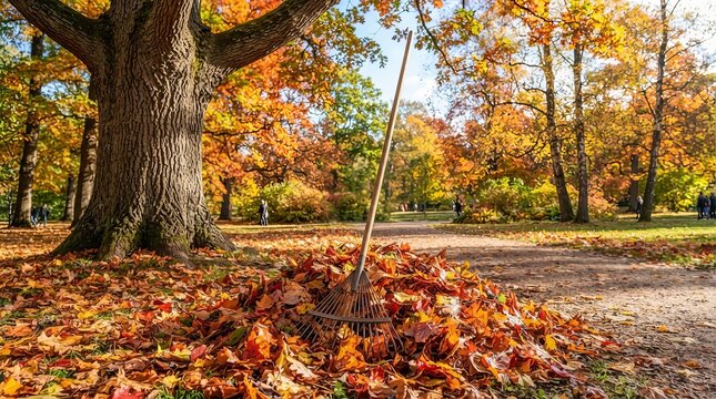 A Tall Metal Rake Standing In A Large Pile Of Colorful Fallen Leaves Under A Big Autumn Oak Tree