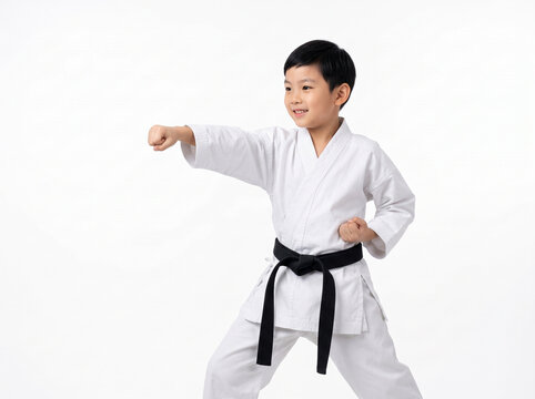 energetic young asian boy wearing karate gi and black belt performing martial arts punch pose for sports club advertising campaign banner ad