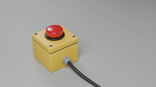 Emergency Stop Button on Yellow Control Box Pressed Latched and Twist Released 3D Animation Seamless Loop 4K