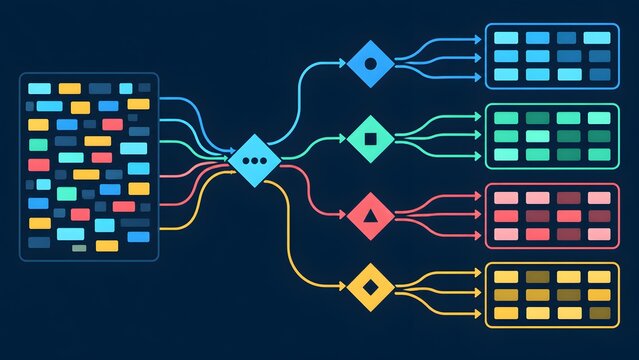 Logical flowchart diagram routing complex digital information through strategic decision nodes into neatly organized categorical data databases