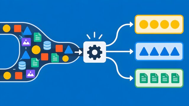 Automated pipeline funneling diverse digital files and database assets through a central processing gear to output cleanly sorted categorical structures