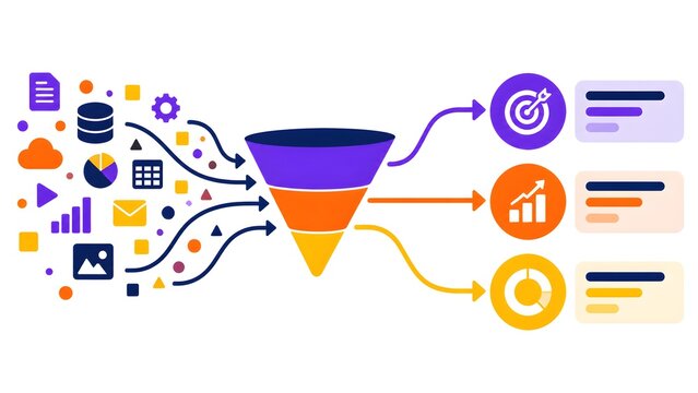 Strategic digital marketing conversion funnel filtering diverse raw data assets into optimized performance metrics and successful business analytics