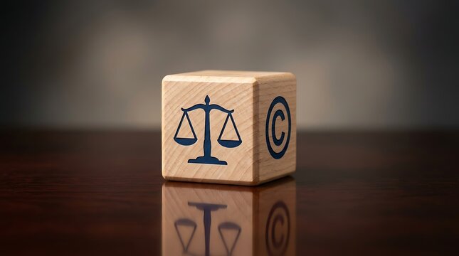 Copyright law and justice concept with scales of justice and copyright symbol on wooden block
