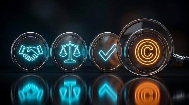 Copyright protection concept: magnifying glass over copyright symbol, legal scales, handshake, checkmark