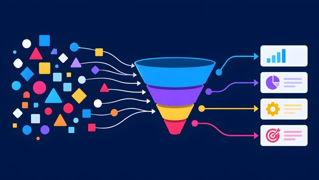 Strategic digital marketing funnel systematically converting raw informational particles into optimized key performance indicators and analytical target metrics