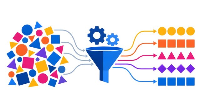 Automated computational funnel powered by mechanical gears filtering a chaotic pile of geometric variables into neatly organized structured parallel rows