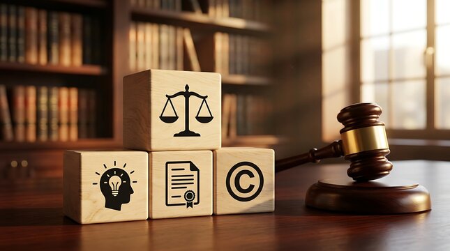 Wooden blocks with legal and intellectual property symbols next to a judge gavel on a desk.