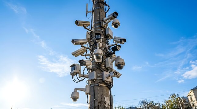 A concrete utility pole covered with numerous security surveillance cameras against a bright blue sky.