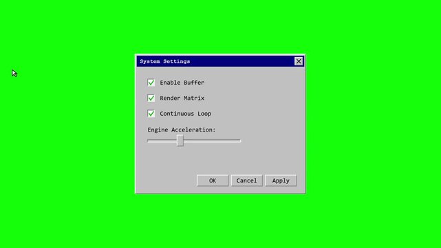 Retro operating system configuration windows on green background