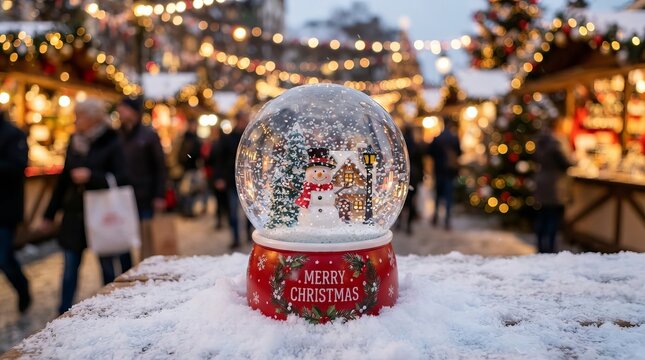 Charming Decorative Snow Globe with a Snowman Design on a Snowy Base at a Vibrant Holiday Market