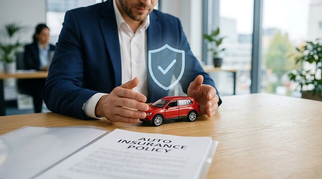 Man protecting car with auto insurance policy and shield icon, business concept