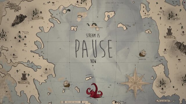 Vintage treasure map stream loop background showing pause now message. Great for pirate game breaks, adventure stream pauses, and fantasy timeouts.