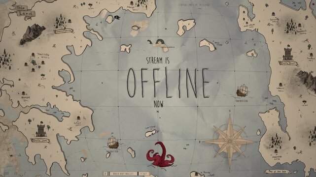 Antique fantasy map stream loop background with offline now lettering. Perfect for ended adventure streams, pirate game end cards, and fantasy offline banners.