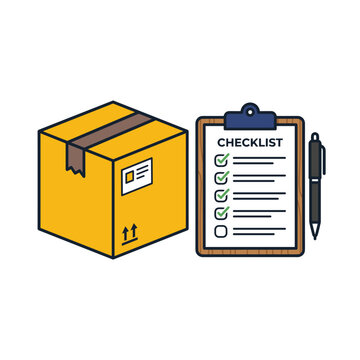 Cardboard delivery box beside a clipboard with a checklist and a pen
