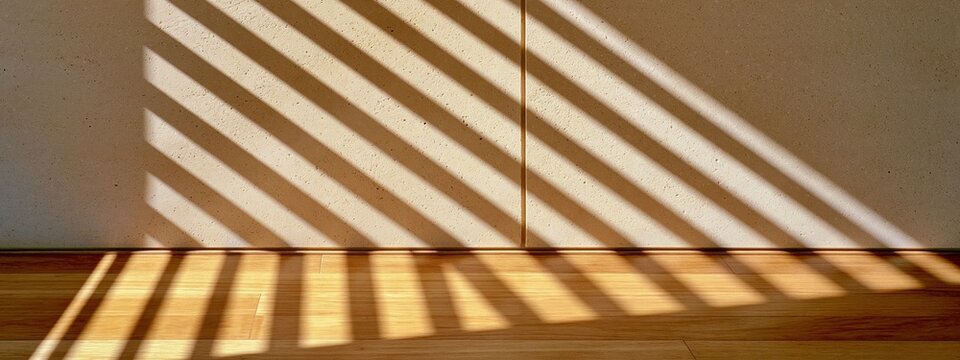 Warm sunlight casts sharp diagonal shadows across a textured wall