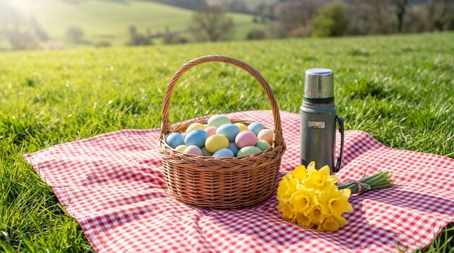 Spring picnic setting with a wicker basket of pastel Easter eggs, a vintage thermos, and yellow daffodils on a red checkered blanket in a sunny grassy field.
