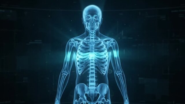 Futuristic Medical Hologram of Human Skeleton Anatomy Scan Healthcare Technology Blue Digital Interface