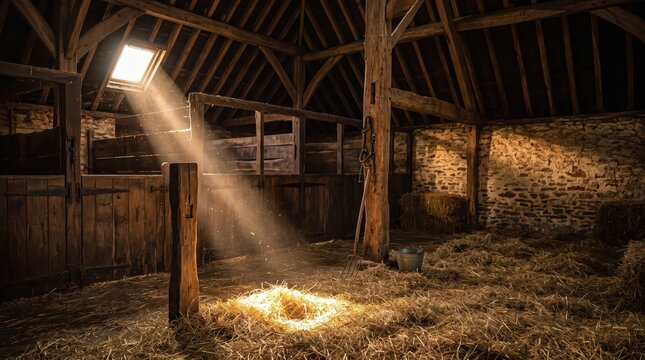 Empty wooden barn interior with sunlight falling on straw bedding. Traditional farm building and livestock shelter. Agriculture and rural life. Rustic timber architecture and heritage.