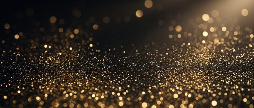 Gold glitter particles scattered on a dark black background, featuring soft out-of-focus bokeh light orbs and a subtle glowing light flare in the upper right corner