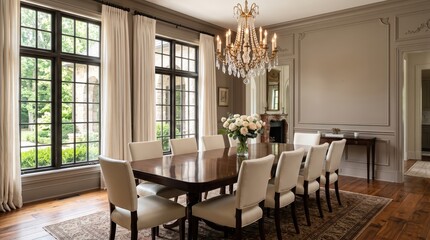 Obraz premium Elegant dining room with long wooden table, upholstered chairs and crystal chandelier beside garden windows. Traditional interior design. Formal dining and entertaining. Refined home decor.