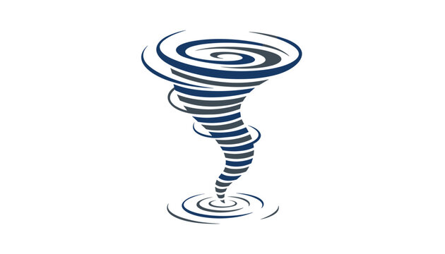 Blue and gray swirling tornado vector icon isolated on a white background, representing weather danger and natural disasters.