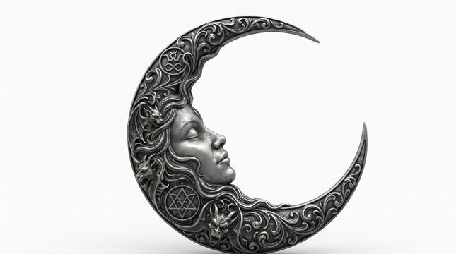 Gothic Antique Silver Crescent Moon Face Pendant Relief Gargoyles Occult Talisman