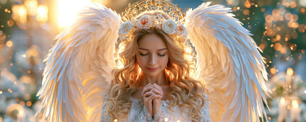Obraz premium Angel woman prayer feather wing floral crown golden light fantasy portrait serene expression