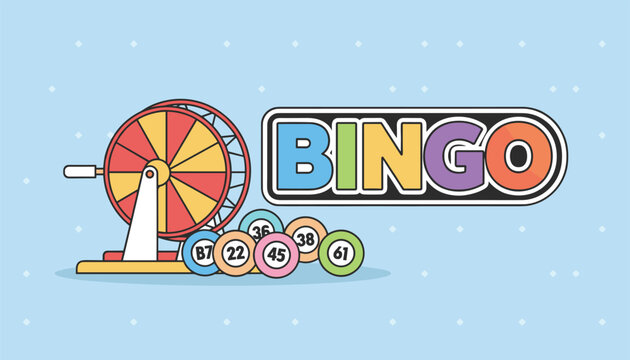 Colorful bingo game design featuring a rotating lottery cage and several numbered balls against a light blue pattern.