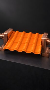 Roofing sheet production machine shaping bright orange metal tile in modern industrial factory setting