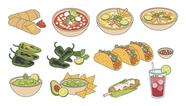 Large collection of delicious traditional Mexican dishes including tamales, tacos, pozole, guacamole, and a hibiscus drink.