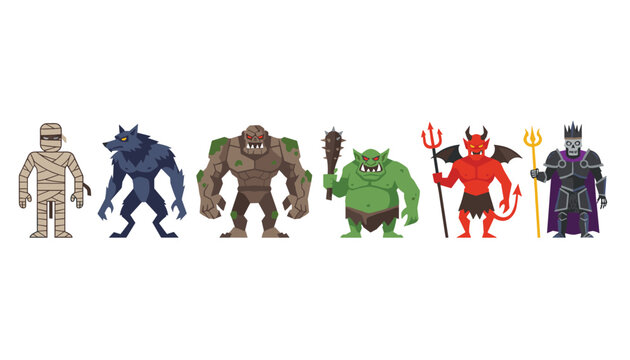 Collection of fantasy game character monsters including a mummy, werewolf, stone golem, goblin, devil, and skeleton king.