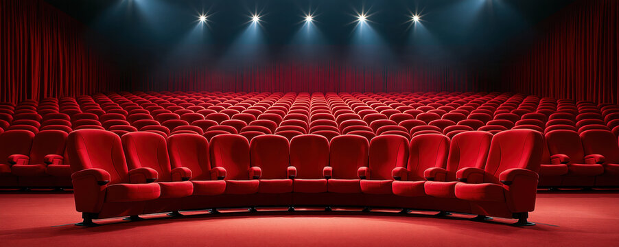 Cinema theater with red seat, velvet curtain, and bright spotlight creating elegant interior ready for evening film screening