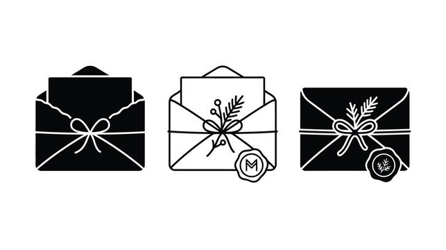 Black and white envelope icons with holiday sprig and wax seal, line-art vector illustration