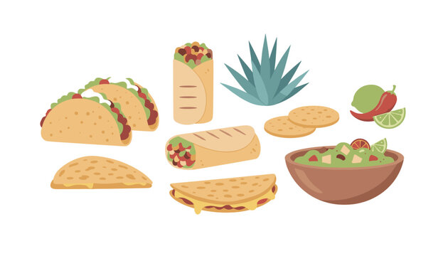 Mexican food banquet featuring tacos, burritos, quesadillas, a fresh bowl of guacamole, lime, chili, and an agave plant.