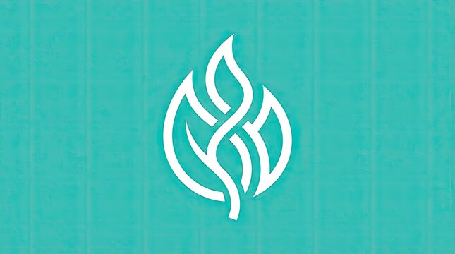 Abstract white flame leaf logo on turquoise background.