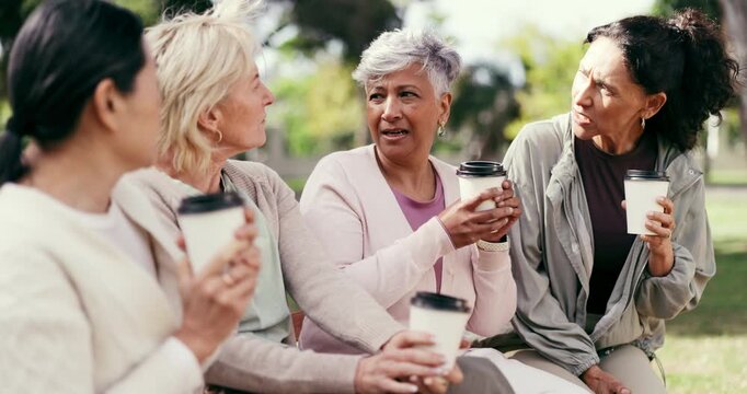 Women, friends and chat in park with coffee, fitness tips and relax with gossip story for bonding. Mature people, walking group and outdoor with drink for break, discussion and sharing wellness ideas