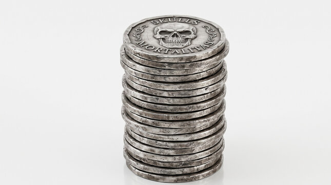 Stack of Antique Silver Skull Pirate Coins Mors Mortalis Commemorative Doubloons 3D