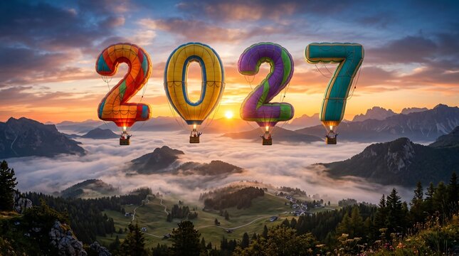 Colorful 2027 Hot Air Balloons, Floating Over Misty Mountain Vals at Sunrise, Vibrant New Year Celebration Sky Scene