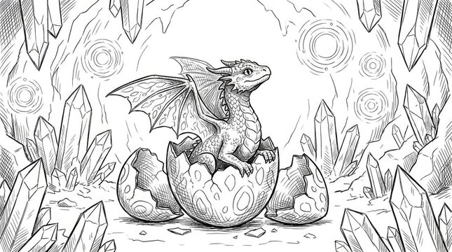 Baby dragon hatching from egg coloring page illustration.