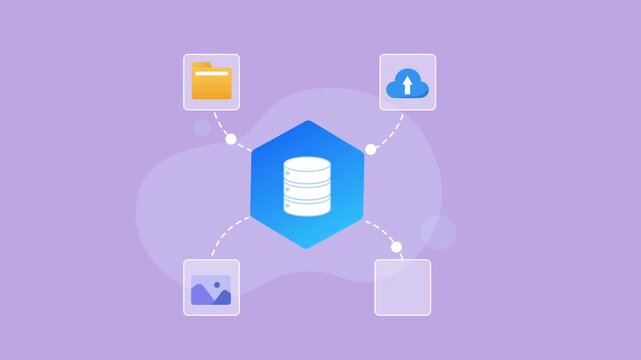 Flat vector animation showing a database hub connected to a folder, cloud upload, image, and video icons for digital storage and media management.