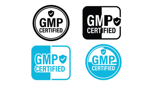 Set of black and blue gmp certified vector badges featuring official quality assurance symbols
