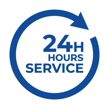Blue round icon presenting continuous service text for customer support