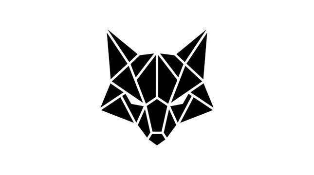 Black geometric wolf head silhouette on white background.