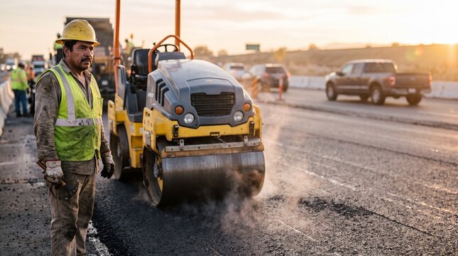 Road worker standing beside heavy compactor roller during highway paving. Mature hispanic laborer holding hammer at street maintenance work zone with rising steam.