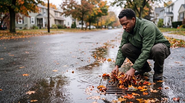 Municipal worker clearing wet autumn leaves from street drain grate on asphalt road. African american volunteer unclogging storm drainage to prevent flooding in residential neighborhood